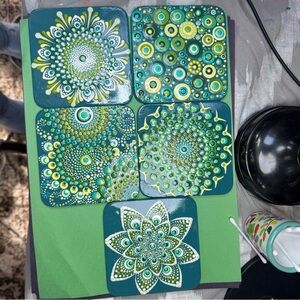 Mandala painting show set a five coasters custom design up, cycled coasters